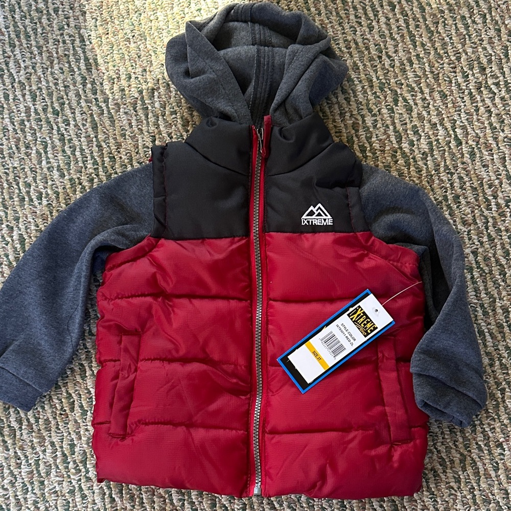 Extreme Red and Gray Hooded Puffer Jacket NWT